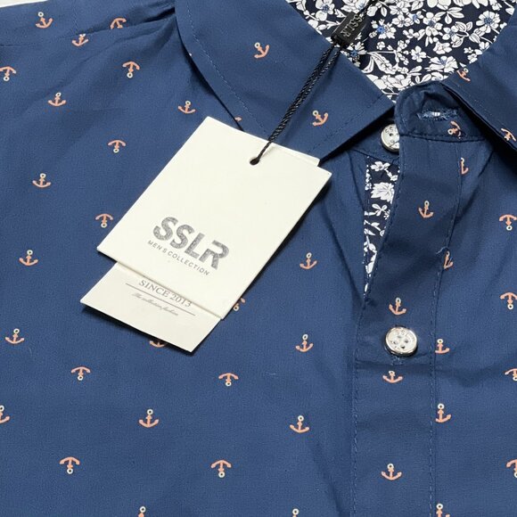 SSLR Shirts Mens S Blue Button Down Anchor Print Short Sleeve Nautical Sailing - Picture 7 of 7